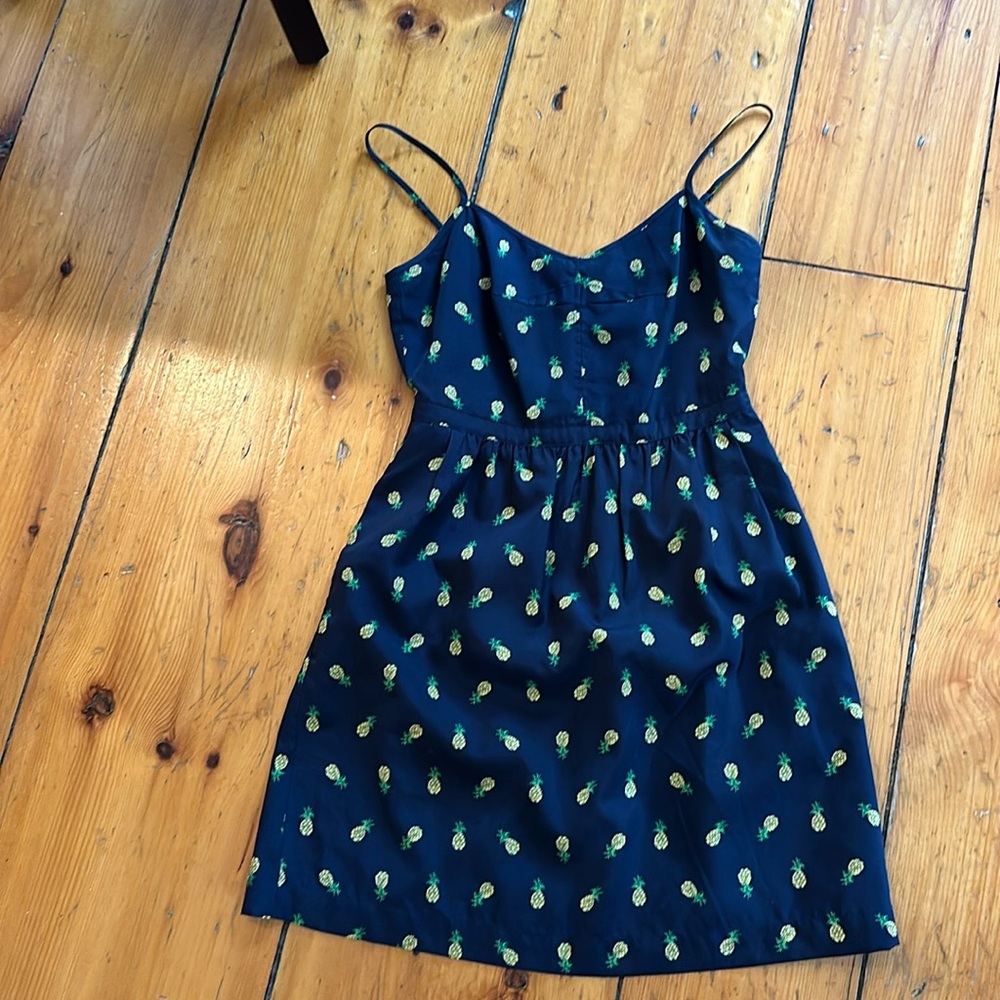 Size 2 spaghetti strap, J.Crew navy dress with pineapples
